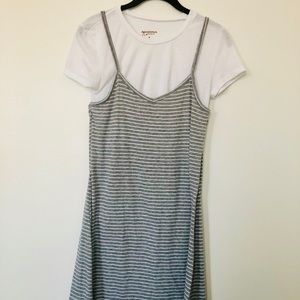A grey dress with white stripes